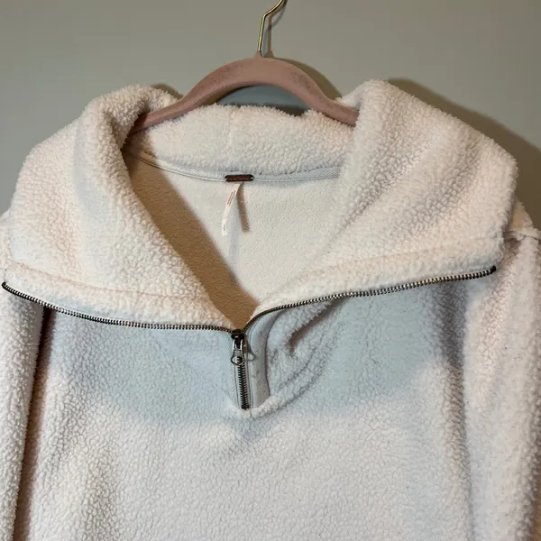 Free People Women's Sherpa Fleece Quarter Zip Pullover Cream White Cropped Small - Image 2