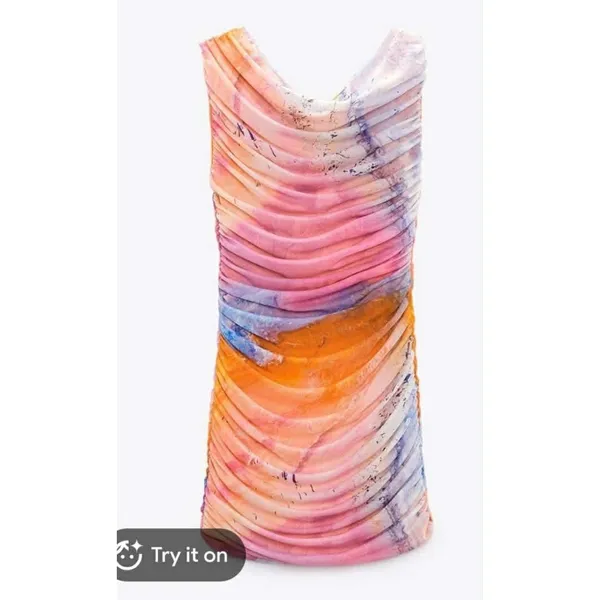 Zara Womens Ruched Mesh Mini Dress Abstract Sunset Watercolor Orange Pink medium - Image 4