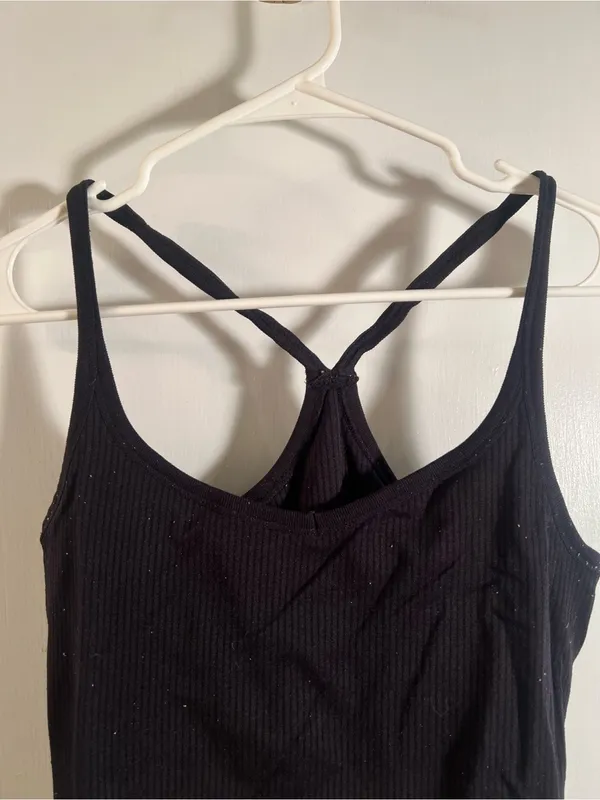 Women’s Athletic Tank Top Ribbed Black Cropped Racerback V-Neck Stretch - Image 2
