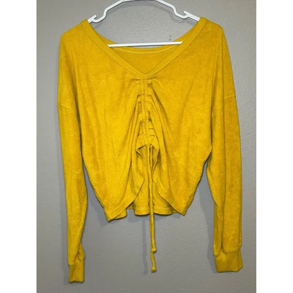Aerie Yellow Terry Cloth Cinched Reversible Pullover Sweater Women’s Size Small - Image 4