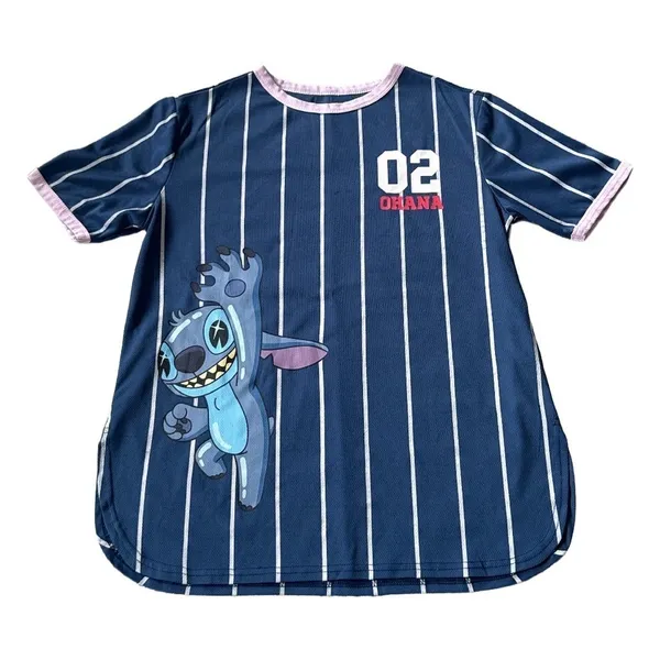 Disney Lilo & Stitch Ohana Baseball Jersey Pinstripe Mesh Shirt Navy Blue Large - Image 2