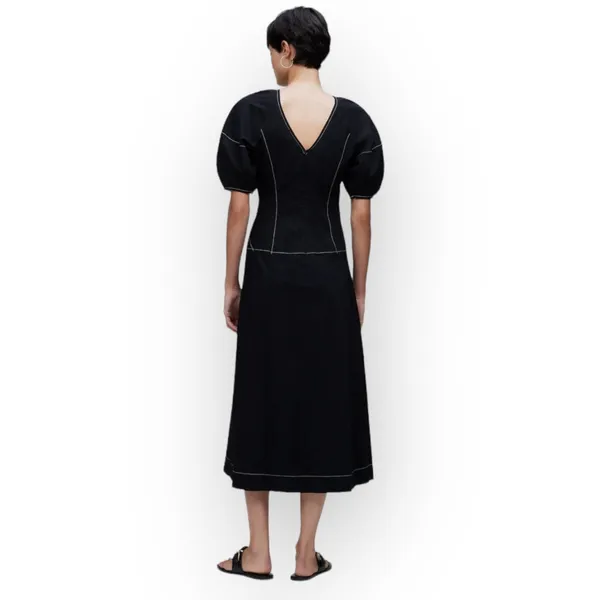 Madewell Jinni Puff-Sleeve Midi Dress Women's 0 Black Drop-Waist V-Back NWT - Image 2