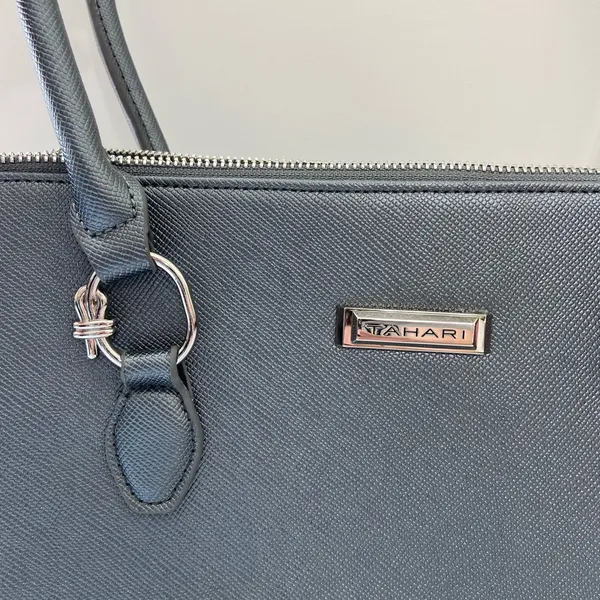 Tahari blue‎ gray silver hardware metallic deep pocket shoulder tote purse bag - Image 2