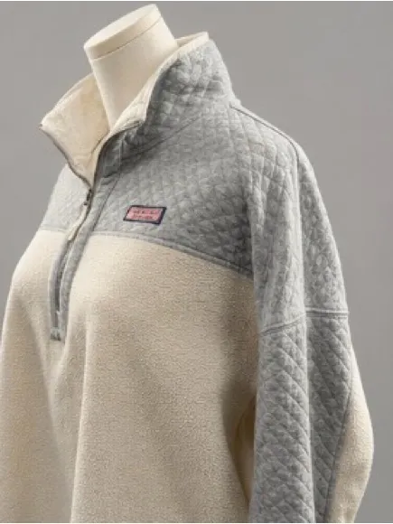 Vineyard Vines Sherpa Fleece Quilted Quarter Zip Pullover Cream Gray Size Large - Image 2