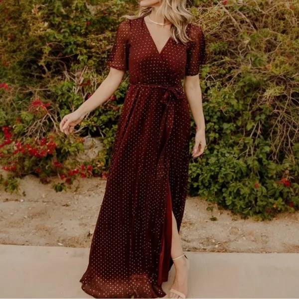 Baltic Born Grace Sparkle Sequin Maxi Dress Mulberry Faux Wrap Slit Size Medium - Image 6
