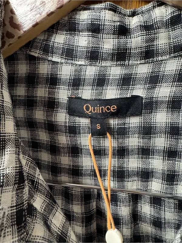 Quince 100% European Linen Long Sleeve Shirt Khaki Black Gingham Small NEW NWT - Image 4