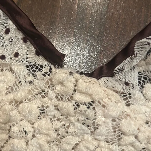 Free People Lace Crop Top Large Cream Brown Polka Dot Ruffle Romantic Shabby - Image 10