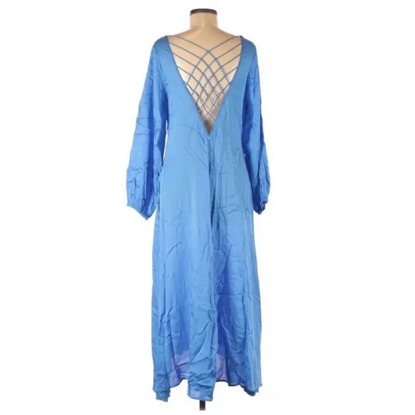 FREE PEOPLE Later Days Blue Button Front Long Sleeve Midi Dress Size‎ 0 New - Image 7