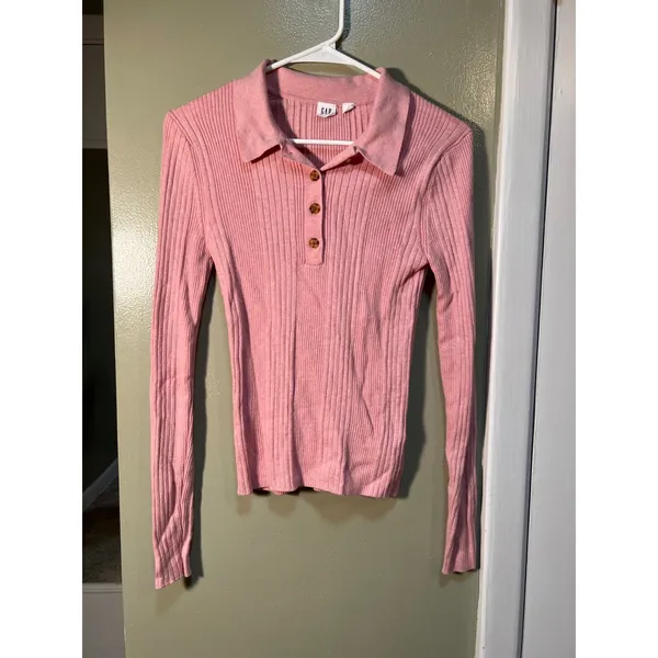 Gap Womens Size Small Ribbed Polo T-Shirt Henley Pink Heather Long Sleeve Ribbed - Image 4