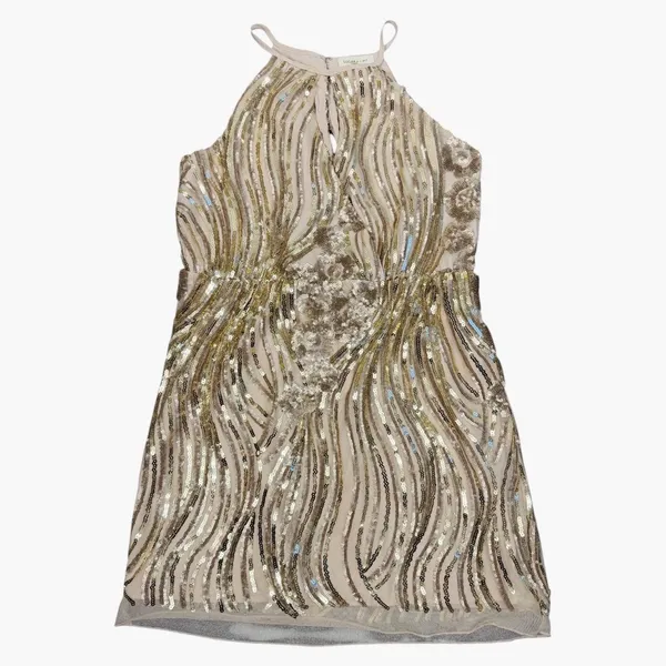 Sugar + Lip2 Sequin Mini Dress S Gold Champagne Cold Shoulder Keyhole Cocktail - Image 8