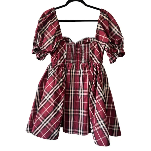 Anthropologie Maeve Burgundy Tartan Plaid Puff Sleeve Mini Dress Women’s Small - Image 2