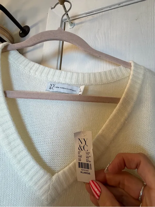 New York & Company Cream V-Neck Cable-Sleeve Sweater Dress - Image 2
