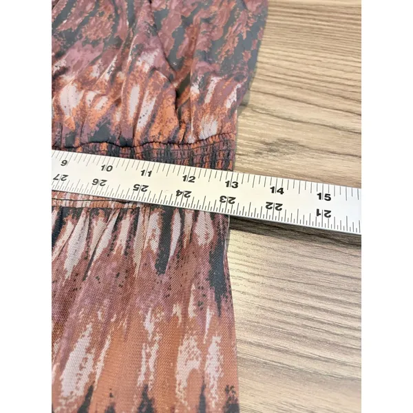 Evereve Brown Rust Ikat Print Smocked Tiered Midi Dress Pockets Small - Image 11