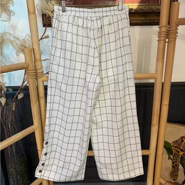 Skies Are Blue Windowpane Plaid Wide Leg Crop Pull On Pants Button Hem Sz S 💛🍄 - Image 5
