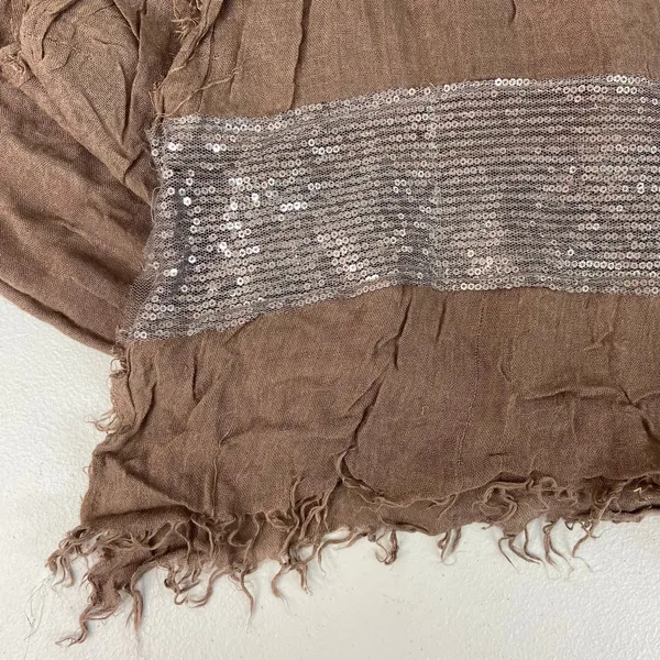 Vintage brown soft lightweight knit silver sequin‎ fringe scarf wrap casual - Image 2