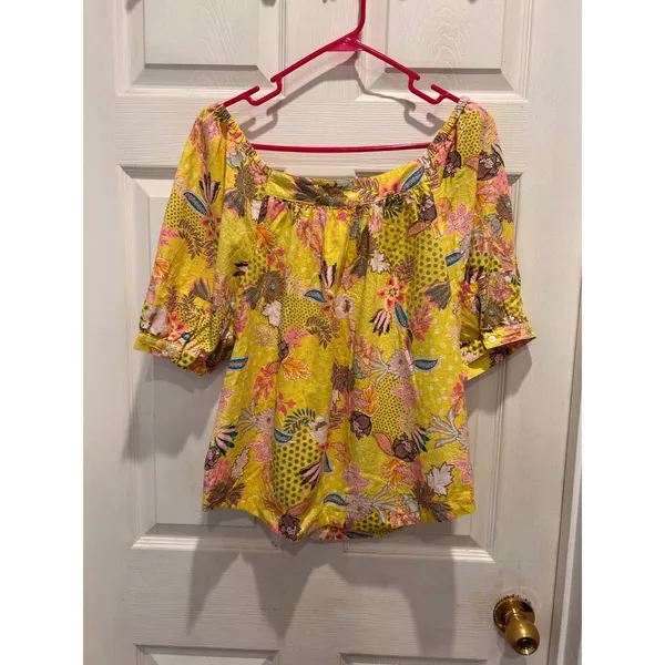 LOFT‎ Womens Yellow Floral Linen Blend Square Neck Puff Sleeve Blouse L Tropical - Image 5