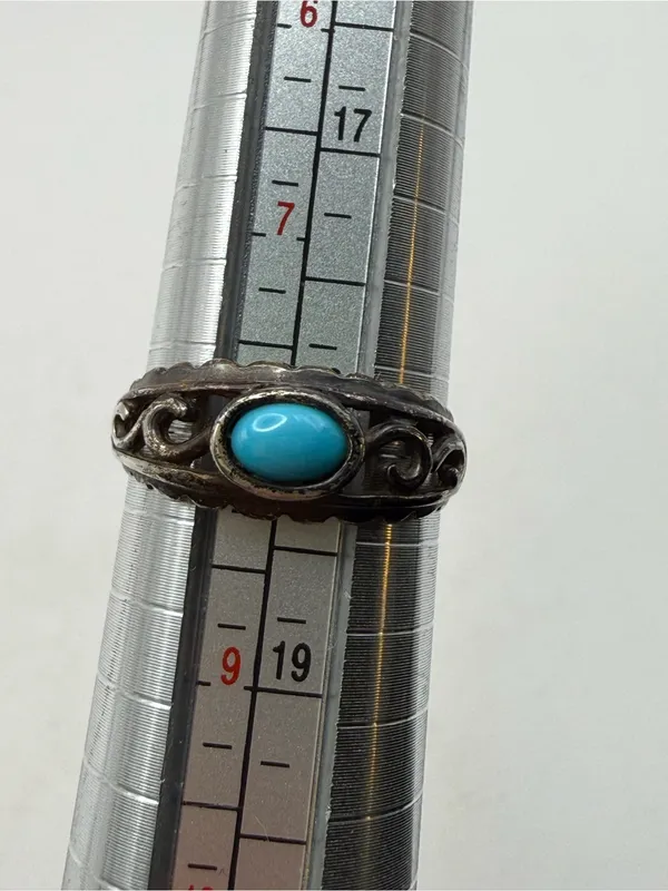Vintage Sterling Silver Turquoise Cabochon Scroll Ring Size 7.5 Southwestern - Image 3