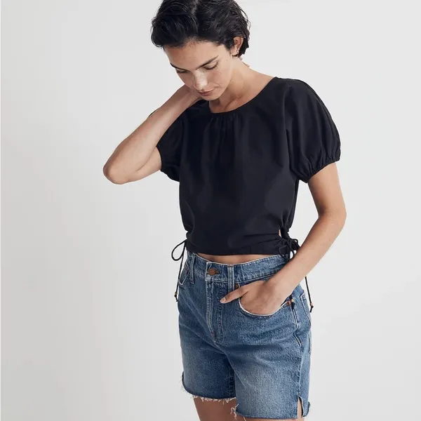 Madewell Embroidered Poplin Puff-Sleeve Cutout Crop Top in True Black NWT - Image 2