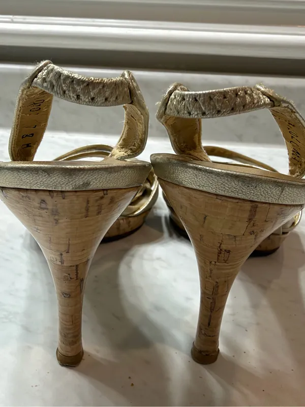Stuart Weitzman Gold Metallic Leather Cork Platform Slingback Heels Size 7 Y2k - Image 6