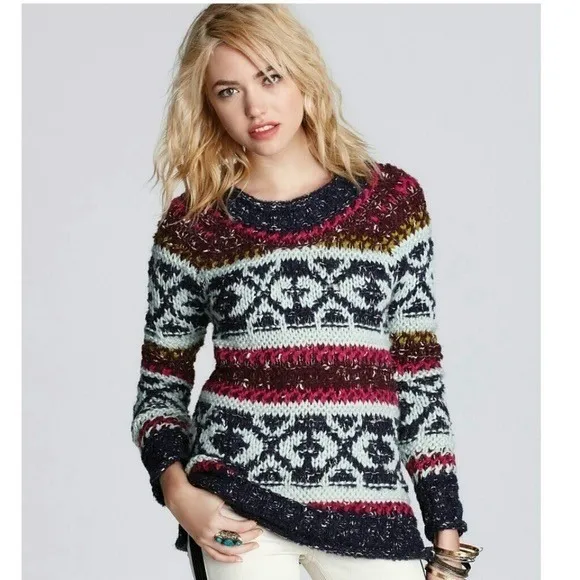 FREE PEOPLE Silver Reed Chunky Knit Fairisle Fair Isle Sweater Wool Linen Small - Image 4