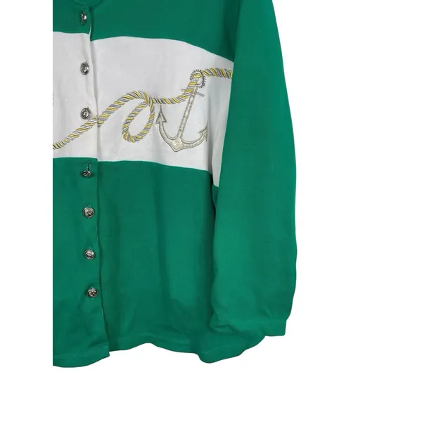 Quacker Factory Womens 3X Green Nautical Anchor Rope Button Cardigan Sweater - Image 2