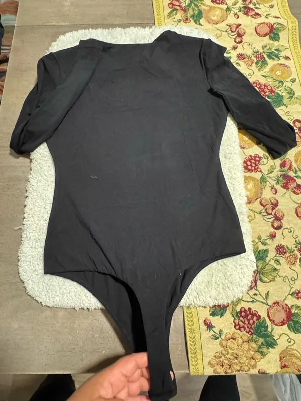PUMIEY Women’s Bodysuit Size M Black Wrap Front Thong Back - Image 2