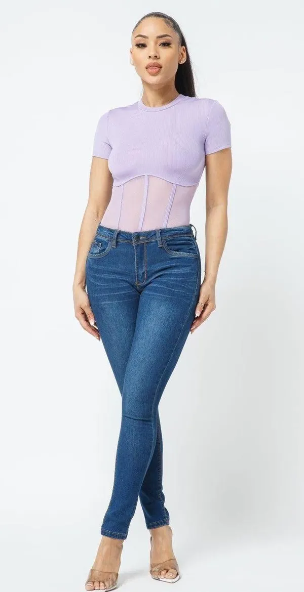 “Corset” Style Rib Mesh Bodysuit Purple Size XL - Image 3