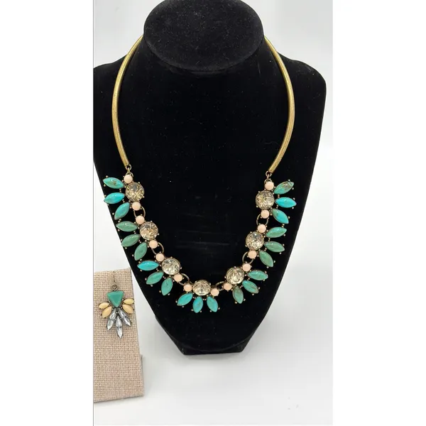 Turquoise Rhinestone Statement Necklace Earrings Set Bib Collar Boho Jewelry - Image 5