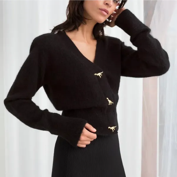 & Other Stories Paris Atelier Mohair Wool Cardigan S Black Gold Dinosaur Buttons - Image 2