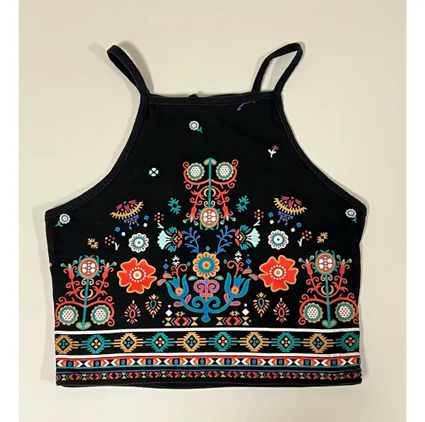 Kendall & Kylie Black Boho Bohemian Floral Print Square-Neck Halter Crop Top Shirt Blouse Tee Size XS 🌻✨ - Image 3