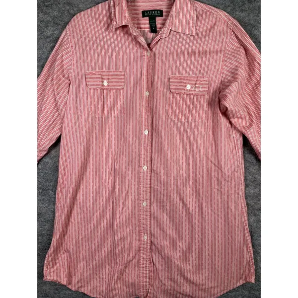 Lauren Ralph Lauren‎ Medium Shirt Button Up Pink Striped Long Sleeve Long Logo - Image 5