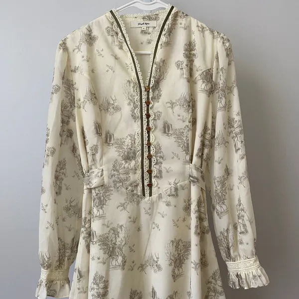 Simple Retro Prairie Dainty Toile Lace Trim Long Sleeve Midi Dress XL Cream - Image 2