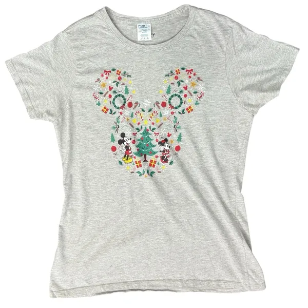 Disney Mickey Mouse Ears Friends Gray Christmas Holiday Tee Shirt Women's size L - Image 2