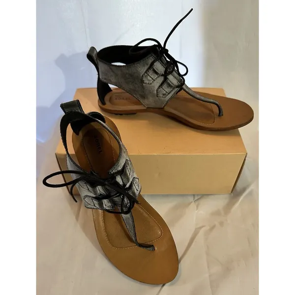Boho Sorel Summer Boot Distressed Black Leather Lace Up Cage Sandals Size 9 - Image 2