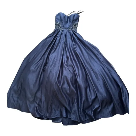 Blondie nite Navy Blue Satin Ball Gown Beaded Lace Waist Formal Evening Dress - Image 2