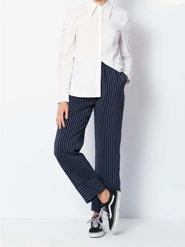 Ganni Silk Navy Blue Pinstripe Wide-Leg Pants - Image 2