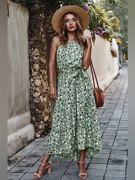 Miss Sparkling Sage Green Polka Dot Tiered Maxi Dress Belted Adjustable Strap - Image 2