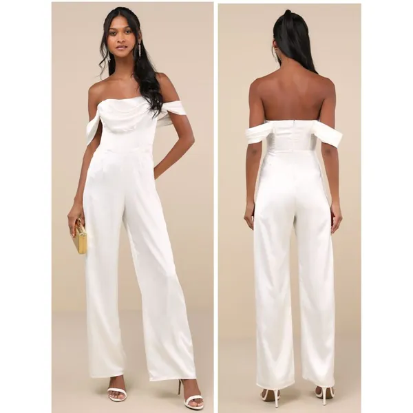 Lulus Unbelievable Aura White Satin Off-the-Shoulder Jumpsuit Size Large Bridal - Image 2