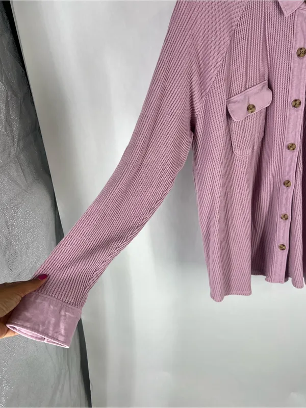 J.Jill Waffle‎ Knit Button Down Shirt Pink Cotton Shacket XL - Image 5