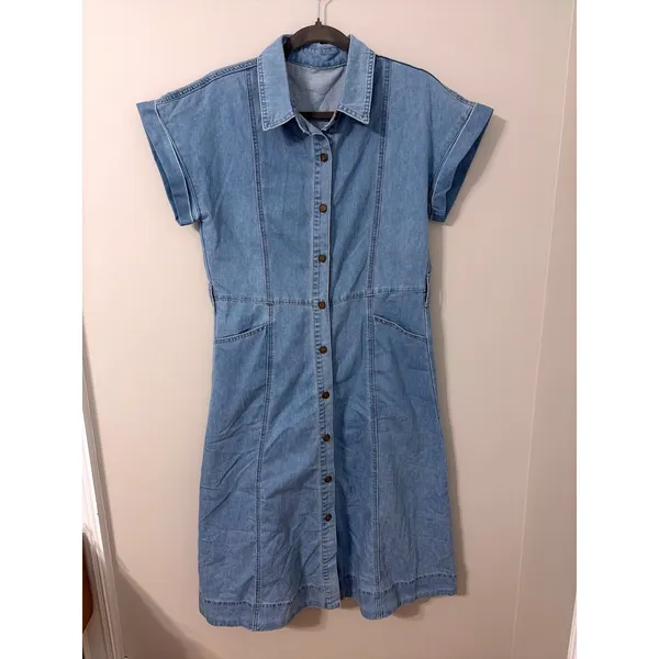 Blue Denim Short Sleeve Button Front Midi Shirt Dress Light Wash Small - Image 3