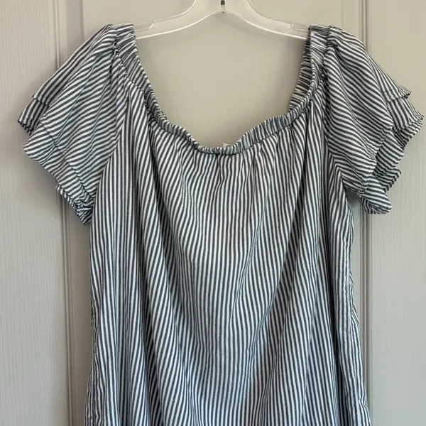 Old Navy Womens XL Blue White‎ Striped Off Shoulder Ruffle Sleeve Mini Dress - Image 4
