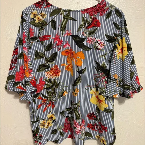 Umgee Blue Striped Floral V-Neck Blouse with Multicolor Blooms - Image 9