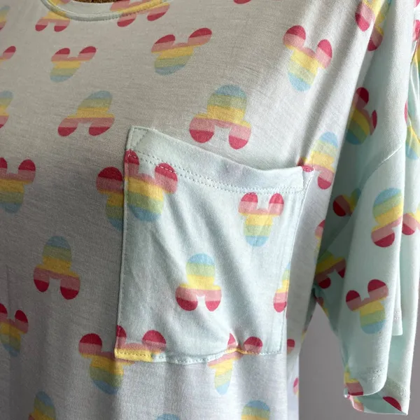 Disney Womens Small Mint Green Rainbow Mickey Mouse‎ Pocket Tee Shirt Size Small - Image 2