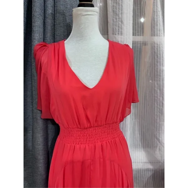 Express Womens coral Chiffon Maxi Dress V-Neck Smocked Waist Flutter Sleeve Med - Image 2