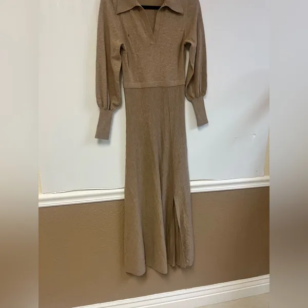 NICHOLAS Jade Midi Wool & Cotton Collared V Neck Long sleeve dress Oat Size‎ XS - Image 12