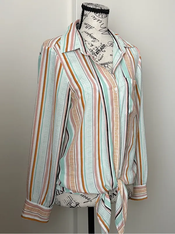 Rachel Zoe Striped Tie-Front Blouse in Mint, Peach & Cream - Image 2