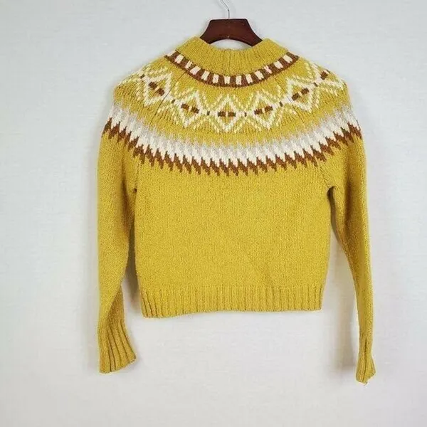 American Eagle Sweater XS Yellow Tan Fairisle Cropped Aztec High Crew Neck Soft - Image 8