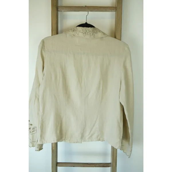 Vintage AMI 100% Linen Tan Embroidered Floral Button Up Long Sleeve Womens M - Image 5