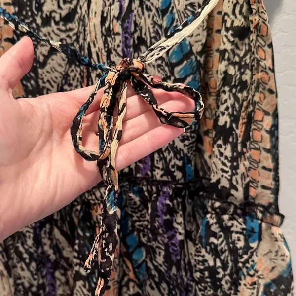 Fire LA Brown Black Blue Animal Print Ruffle Tie‎ Blouse Medium Y2K Festival - Image 6