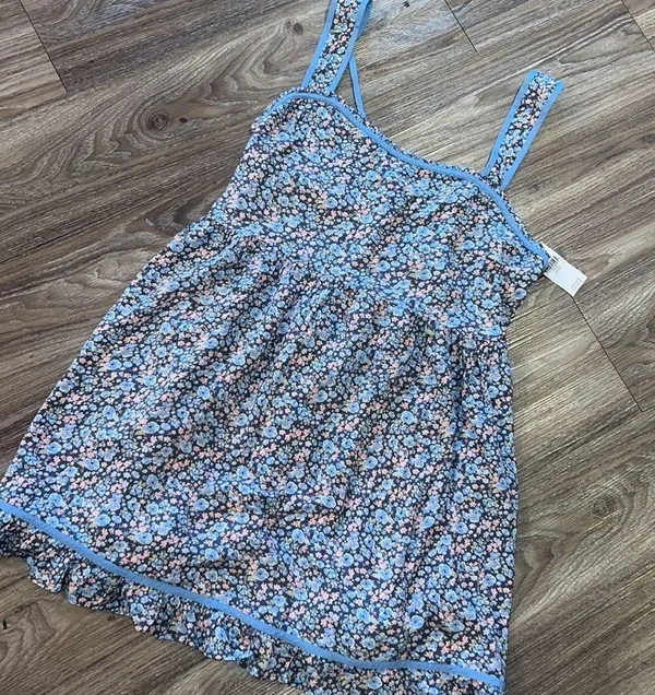 🦅 American Eagle Outfitters Floral Tie-Back Babydoll Mini Dress-Blue - Image 4